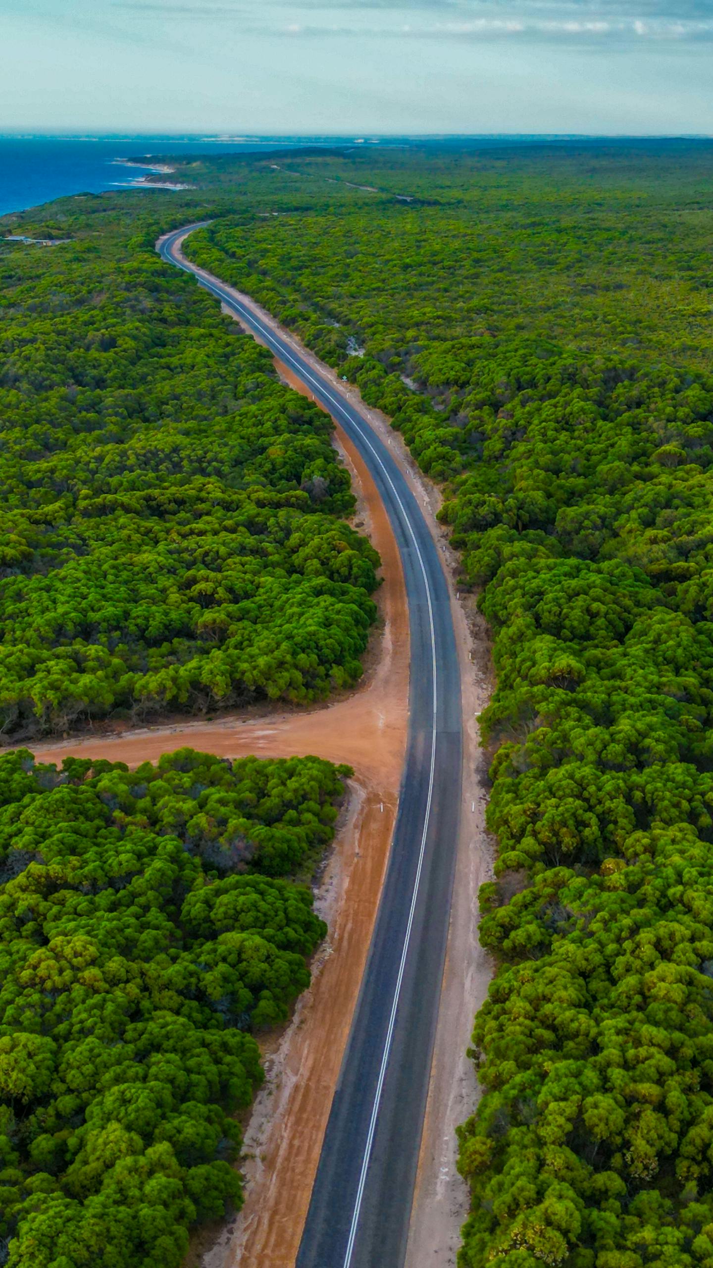 Aerial view of a coastal road in Leeman, Western Australia surrounded by lush greenery and ocean views.